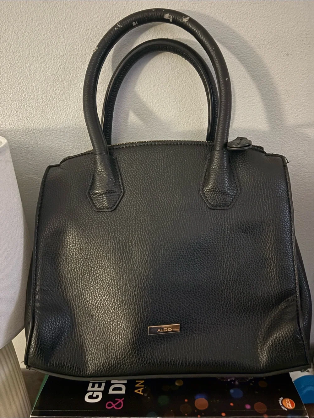Aldo Black Pebbled Top-Handle Satchel with Gold Logo